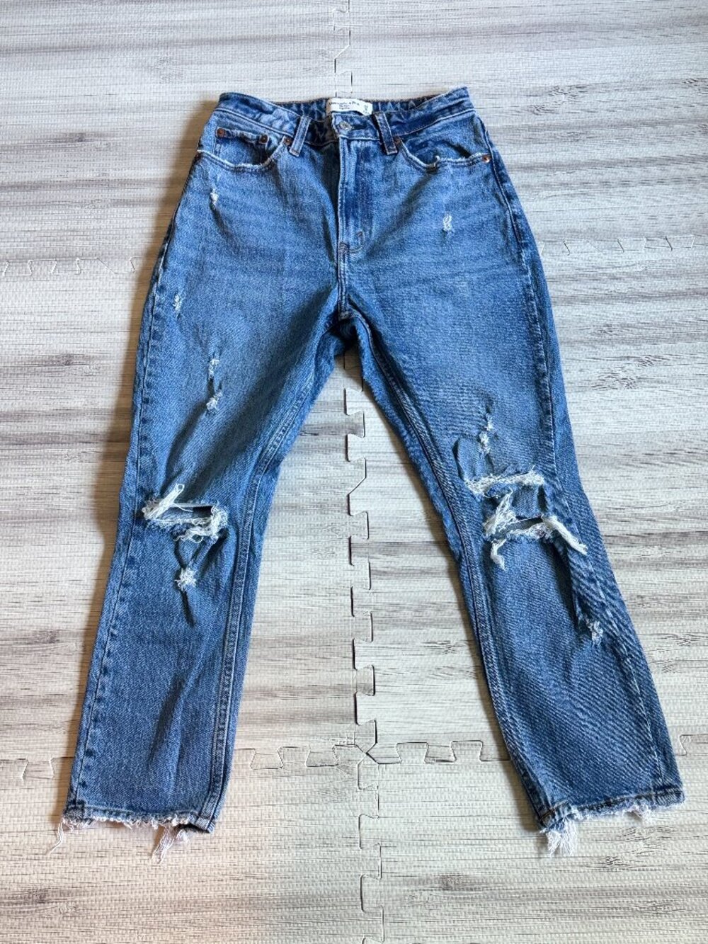 Abercrombie & Fitch Women's Curve Love Mom High Rise Distressed Jeans